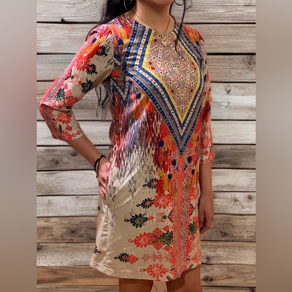 GB GIANNI BINI Women’s Jewel Neck Dress Zip Back 3/4 Sleeve Boho - Picture 4 of 8